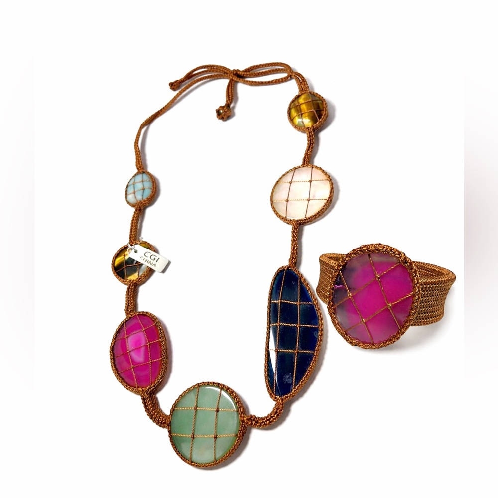 CGI 37 Inch Macrame Woven Necklace and bracelet  .Large Semi Precious Stones